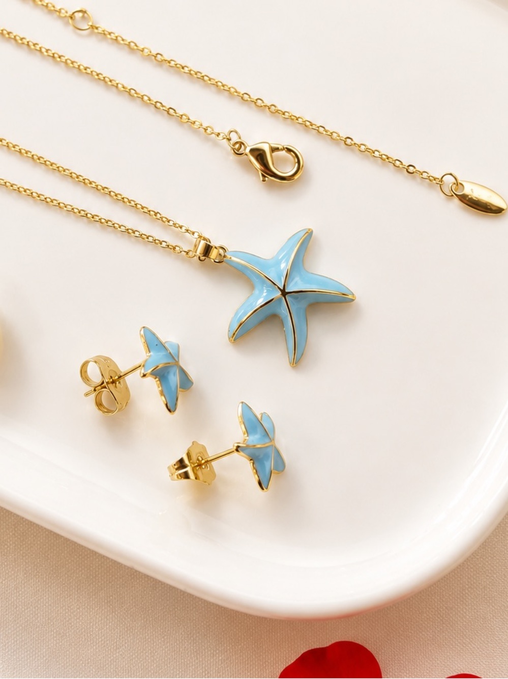 Starfish Necklace & Earring Set 14K Gold Plated Rhodium Finish Coastal Jewelry